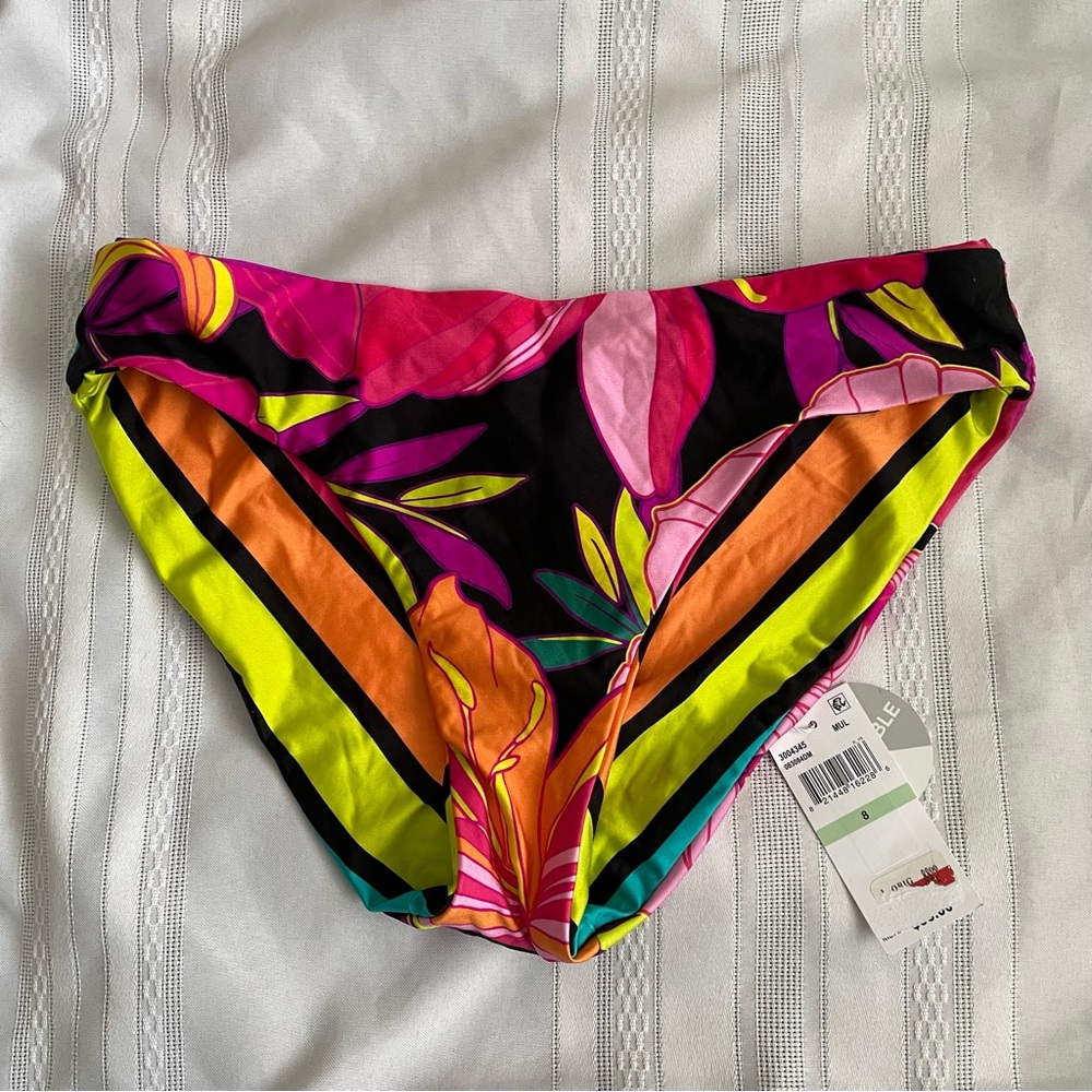 Trina Turk Reversible Bikini Bottoms Floral Striped Size 8 High Waist